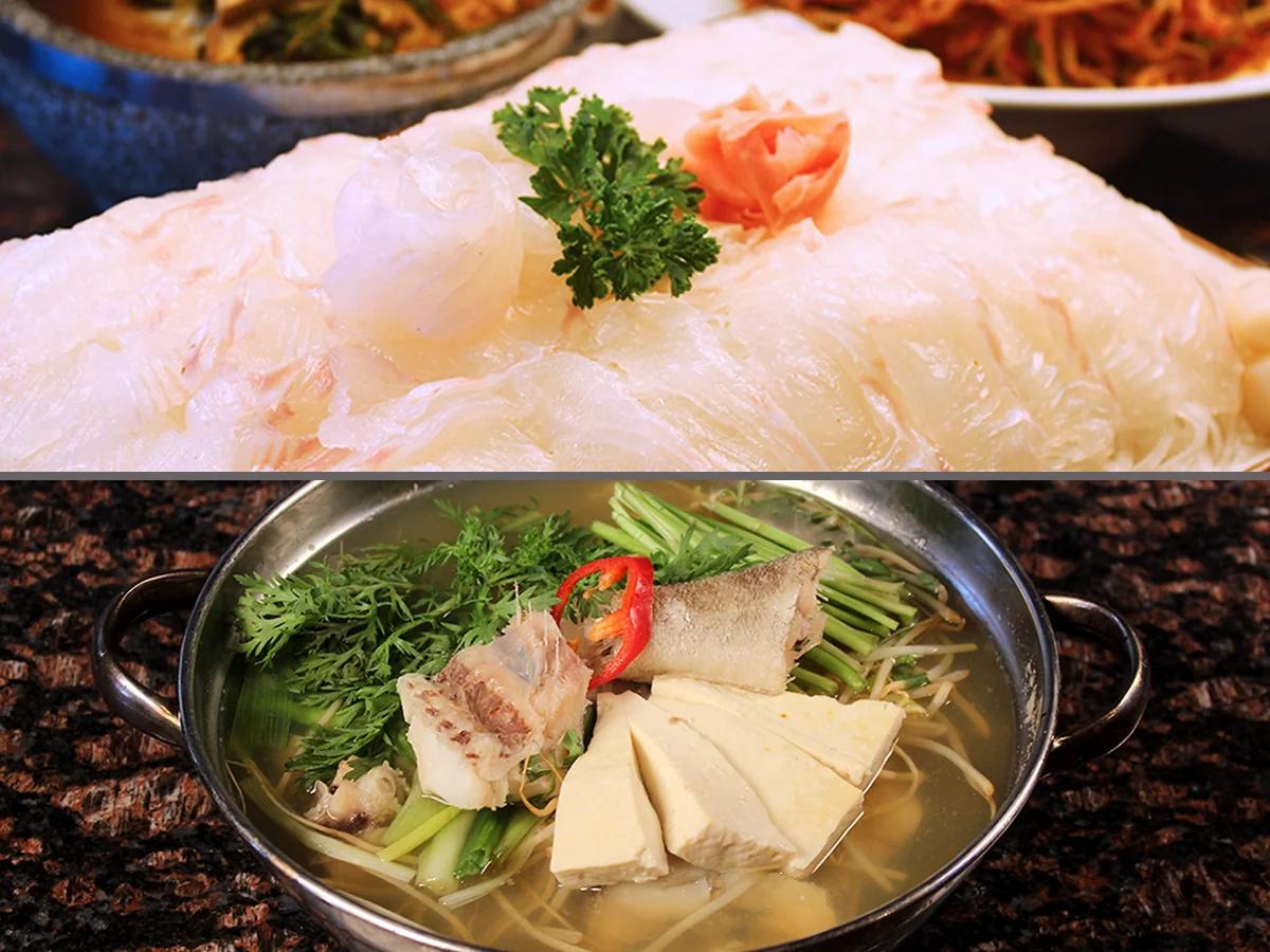 Korean seafood dishes served in a lively restaurant.
