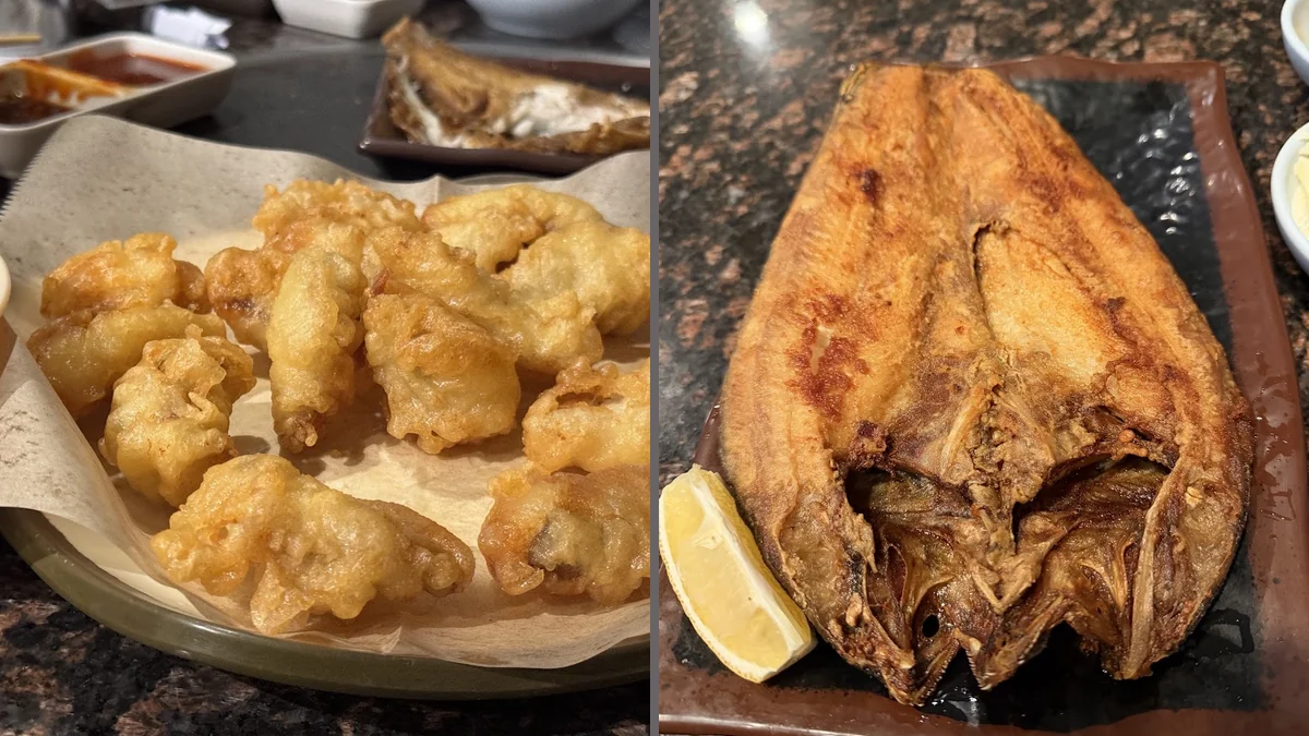 Korean seafood dishes served in a lively restaurant.